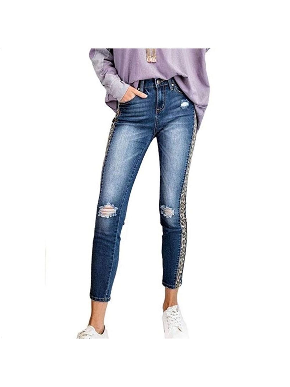 Easel Denim Blue Jeans With Leopard Print Side Detailing Size S NWT
